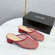 CHANEL 26S MESH HIGH HEEL MULES IN RED LAMBSKIN