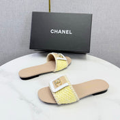CHANEL 26S WOVEN STRAP SLIDES IN YELLOW AND BEIGE LAMBSKIN