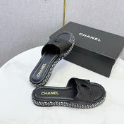 CHANEL 26S PLATFORM SLIDES IN BLACK LAMBSKIN WITH CC LOGO