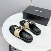 CHANEL 26S CC THONG SLIDES IN BEIGE AND BLACK LAMBSKIN