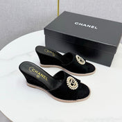 CHANEL 26S WEDGE HEELS IN BLACK SUEDE WITH CC PEARL EMBELLISHED