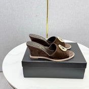 CHANEL 26S WEDGE HEELS IN DARK BROWN SUEDE WITH CC PEARL EMBELLISHED