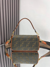 Fend Baguette Green Canvas Bag 27 with FF Embroidery Ghw
