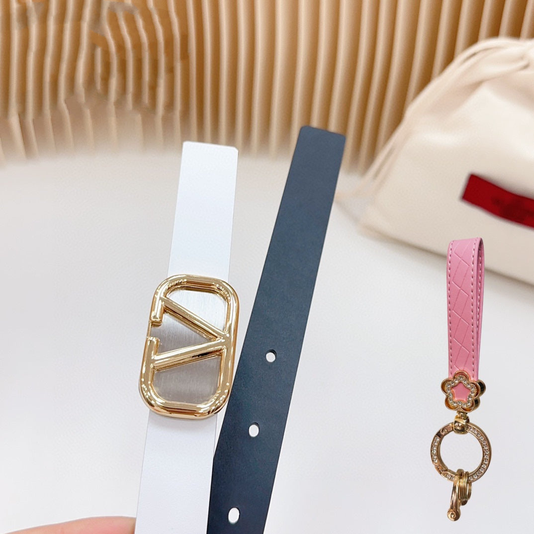 Gold Vlogo and Silver Hardware Buckle White Black Calfskin 20mm