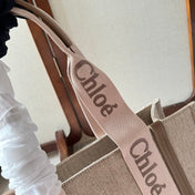 MEDIUM WOODY TOTE BAG 37 IN BEIGE LINEN CANVAS LIGHT PINK WEBBING LOGO EMBROIDERY