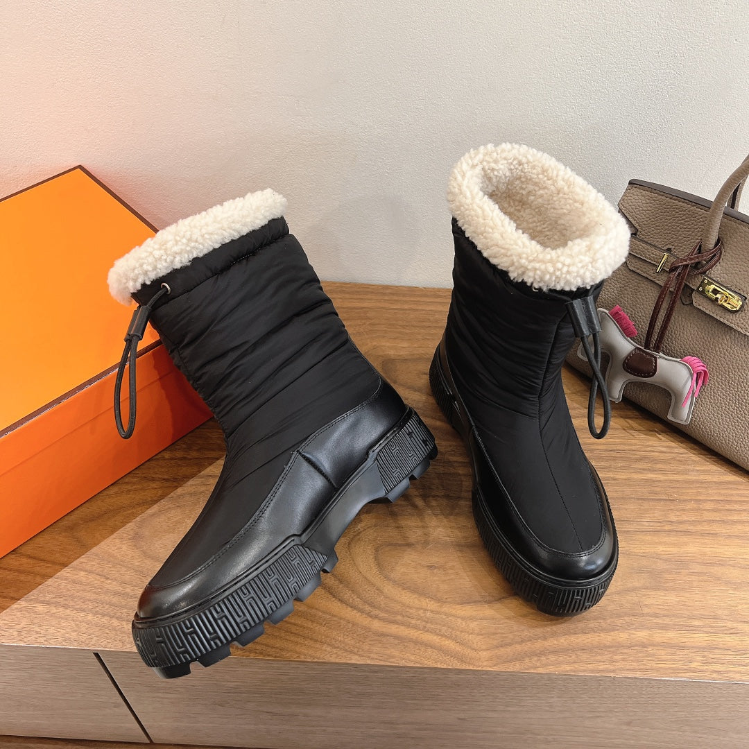HM 26S SHEARLING DRAWSTRING BOOTS IN BLACK FABRIC MIX CALFSKIN