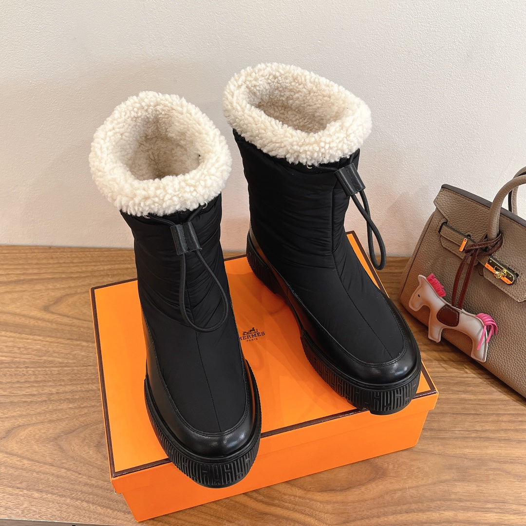 HM 26S SHEARLING DRAWSTRING BOOTS IN BLACK FABRIC MIX CALFSKIN