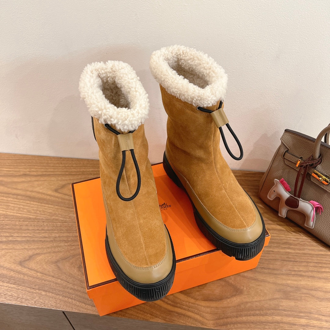 HM 26S SHEARLING DRAWSTRING BOOTS IN CAMEL BROWN MIX BEIGE SUEDE