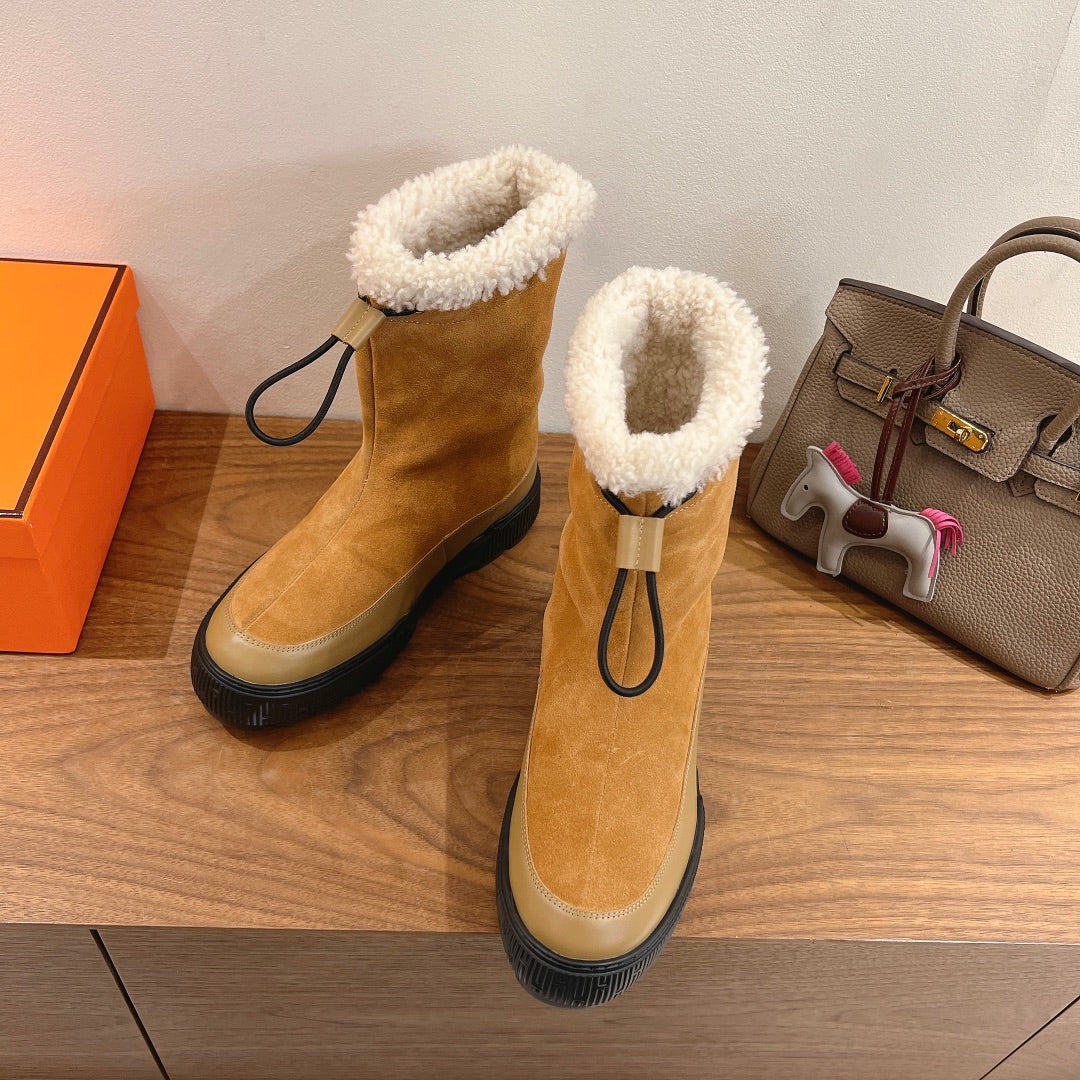 HM 26S SHEARLING DRAWSTRING BOOTS IN CAMEL BROWN MIX BEIGE SUEDE