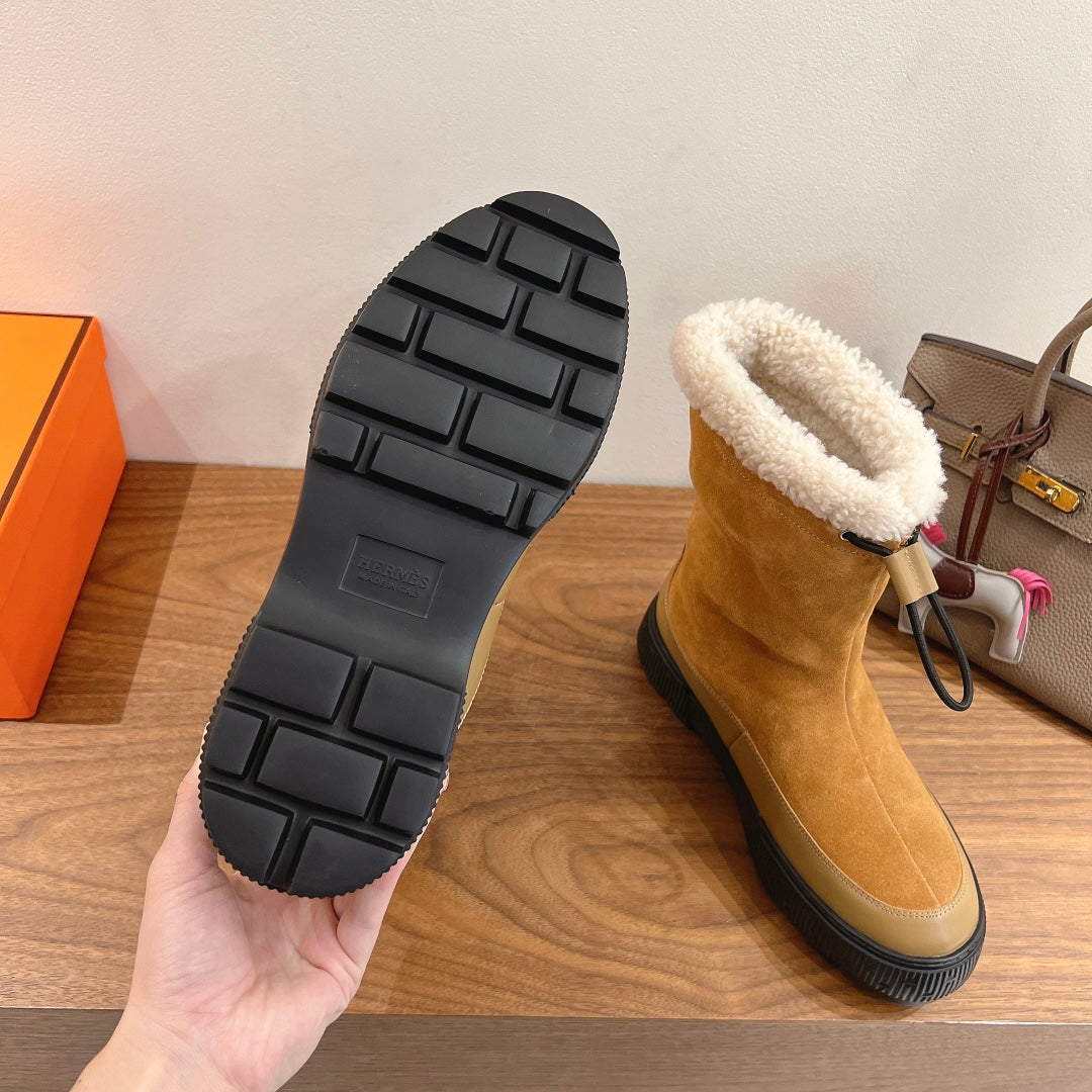 HM 26S SHEARLING DRAWSTRING BOOTS IN CAMEL BROWN MIX BEIGE SUEDE