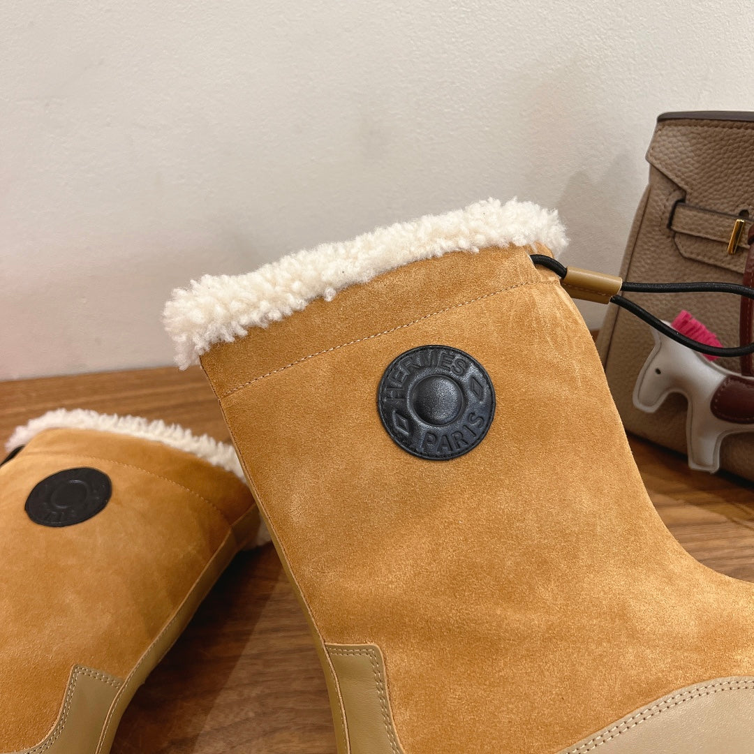HM 26S SHEARLING DRAWSTRING BOOTS IN CAMEL BROWN MIX BEIGE SUEDE