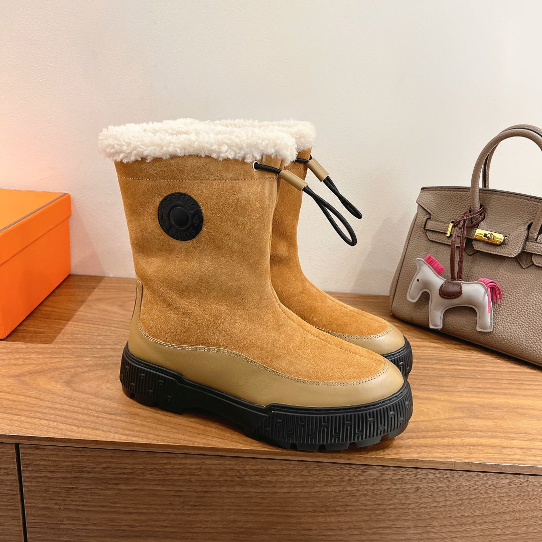 HM 26S SHEARLING DRAWSTRING BOOTS IN CAMEL BROWN MIX BEIGE SUEDE