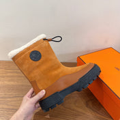 HM 26S SHEARLING DRAWSTRING BOOTS IN CAMEL BROWN SUEDE