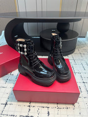 VIV' RANGERS ANKLE BOOTS IN BLACK PATENT LAMBSKIN STRASS BUCKLE