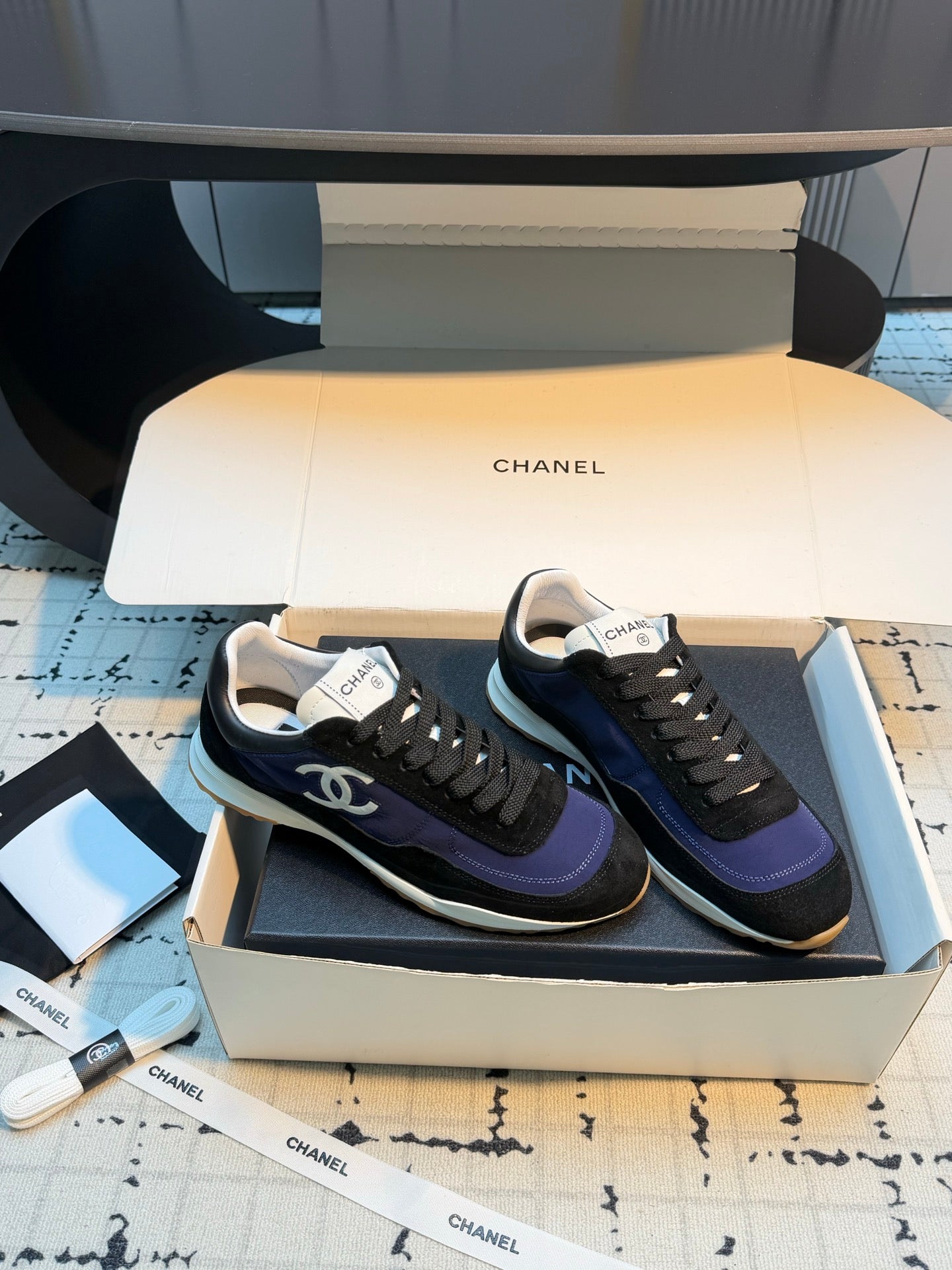 CHANEL 26S CHUNKY SNEAKERS IN BLACK SUEDE AND DARK PURPLE FABRIC
