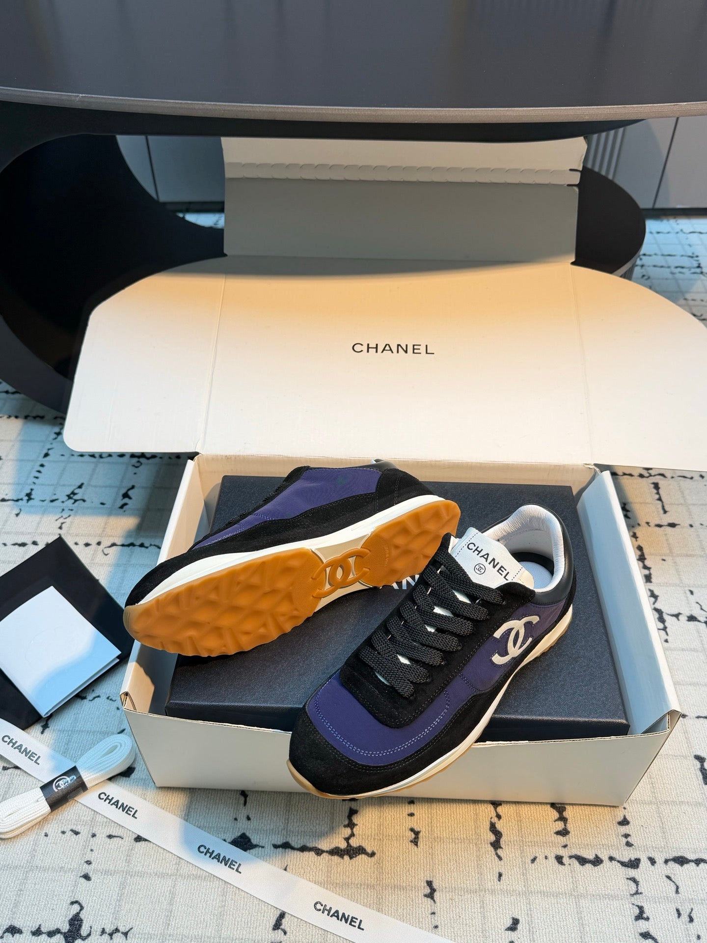 CHANEL 26S CHUNKY SNEAKERS IN BLACK SUEDE AND DARK PURPLE FABRIC