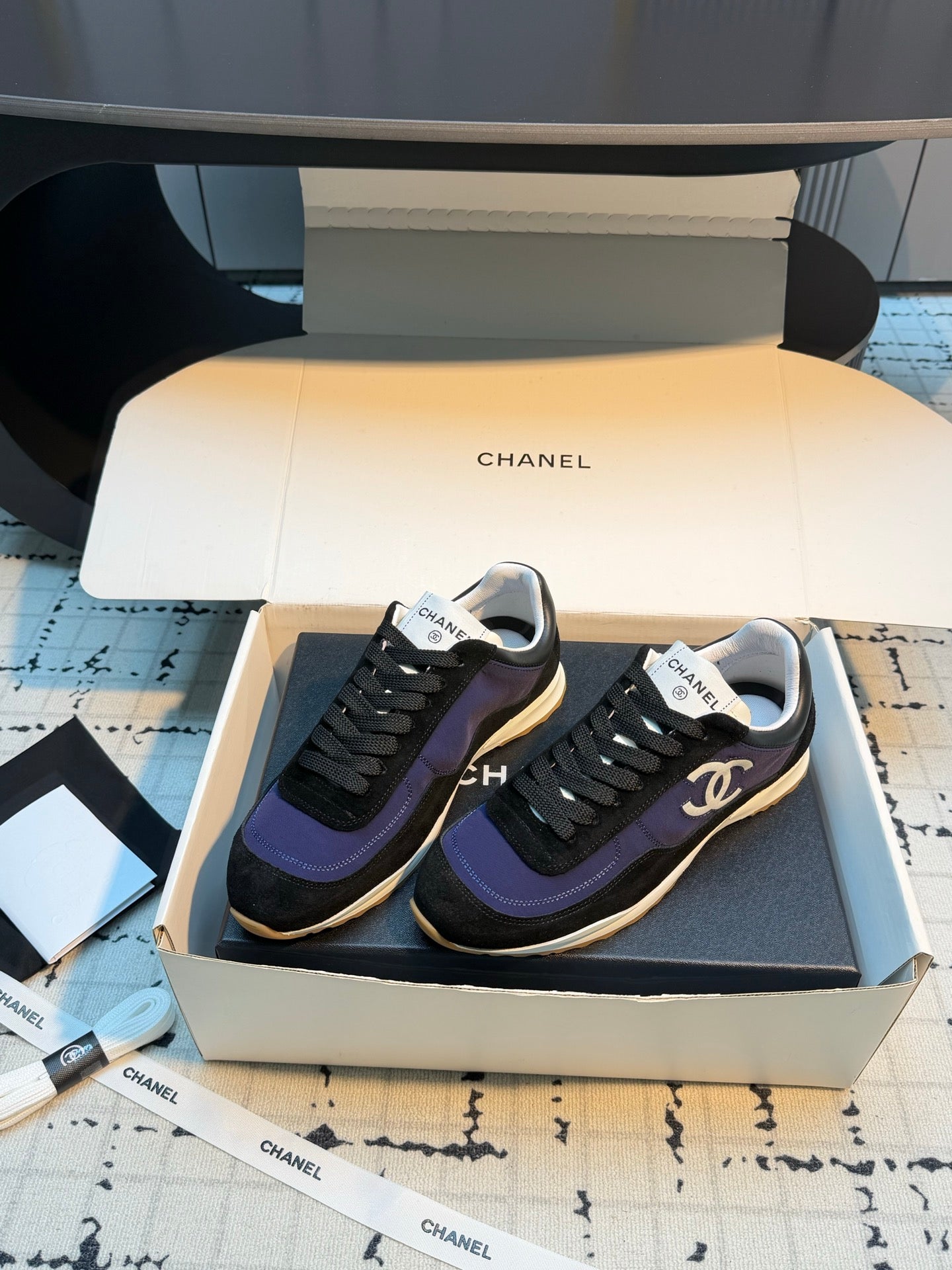 CHANEL 26S CHUNKY SNEAKERS IN BLACK SUEDE AND DARK PURPLE FABRIC
