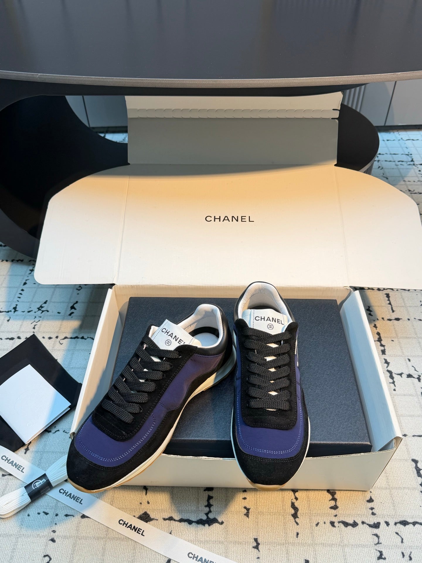 CHANEL 26S CHUNKY SNEAKERS IN BLACK SUEDE AND DARK PURPLE FABRIC