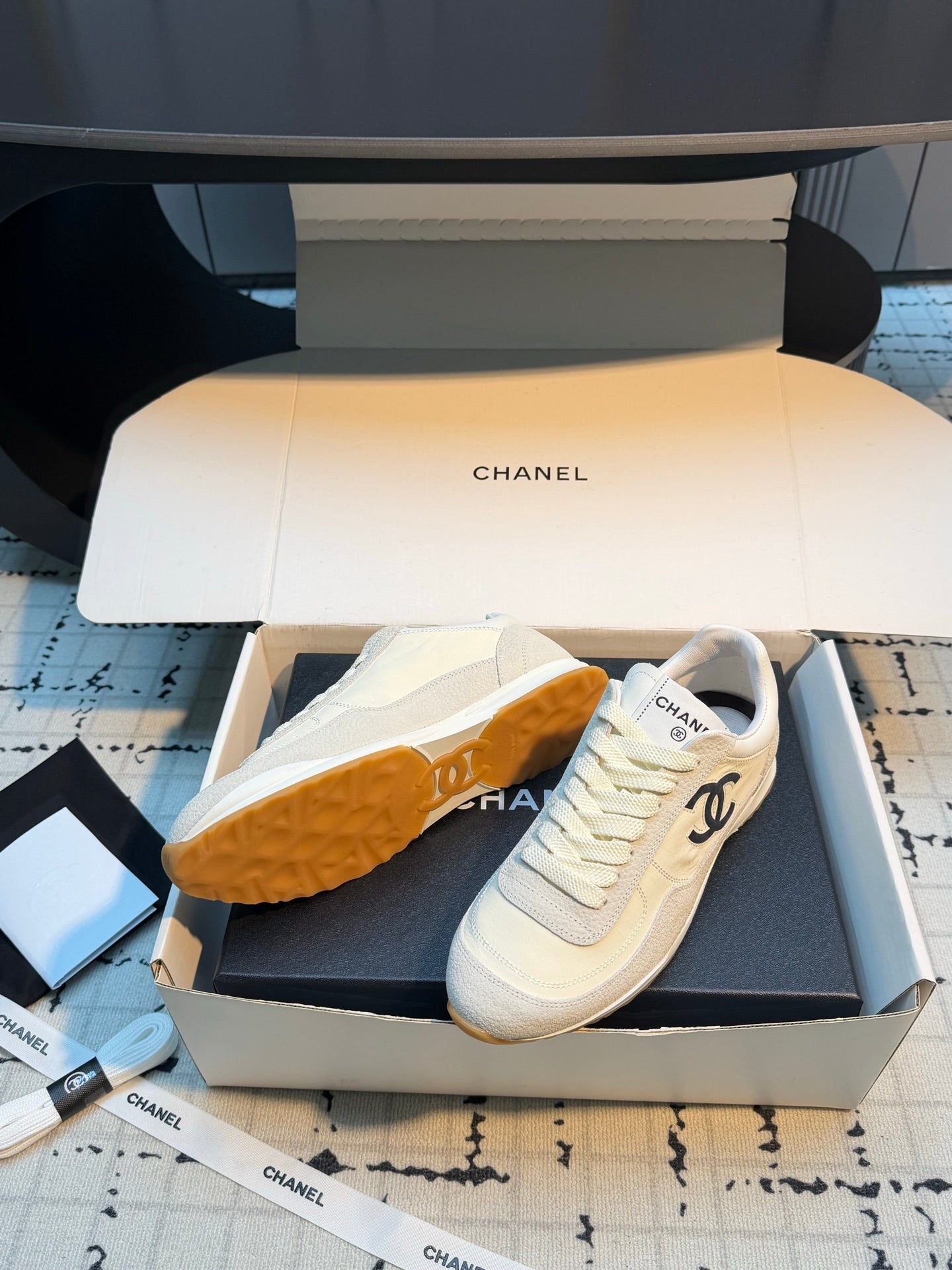 CHANEL 26S CHUNKY SNEAKERS IN WHITE GRAINED CALFSKIN AND FABRIC