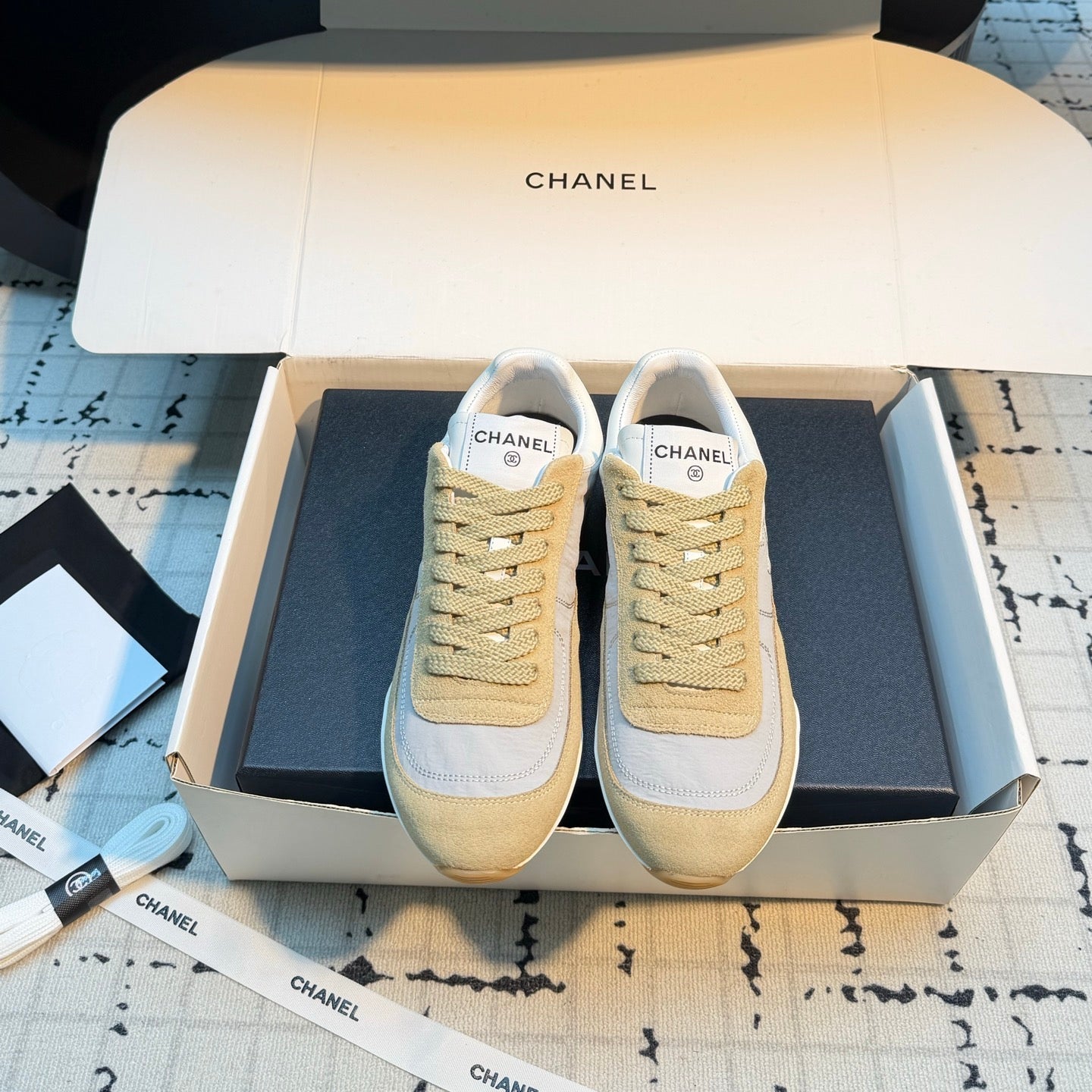CHANEL 26S CHUNKY SNEAKERS IN LIGHT GREY FABRIC AND YELLOW SUEDE
