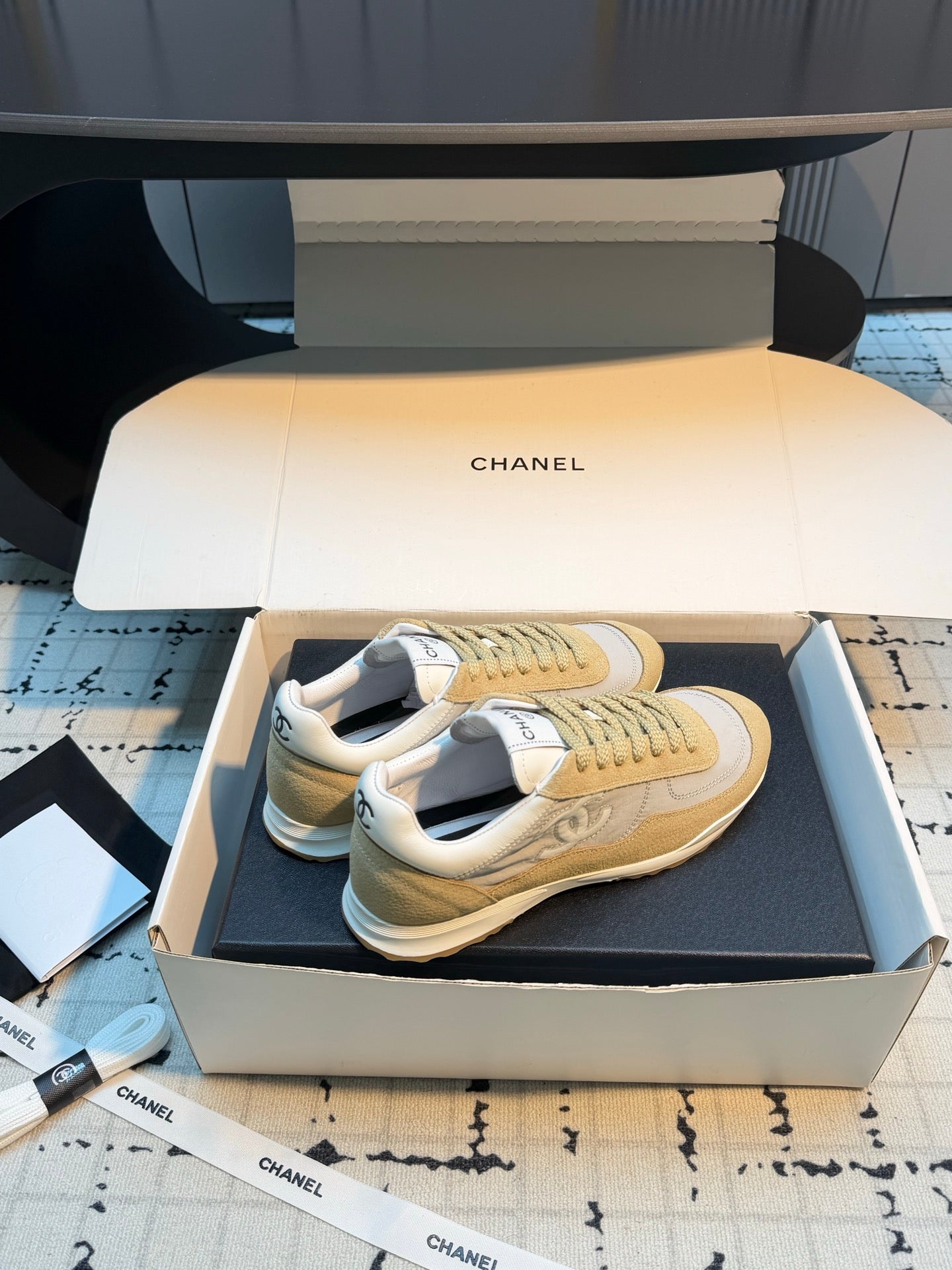 CHANEL 26S CHUNKY SNEAKERS IN LIGHT GREY FABRIC AND YELLOW SUEDE