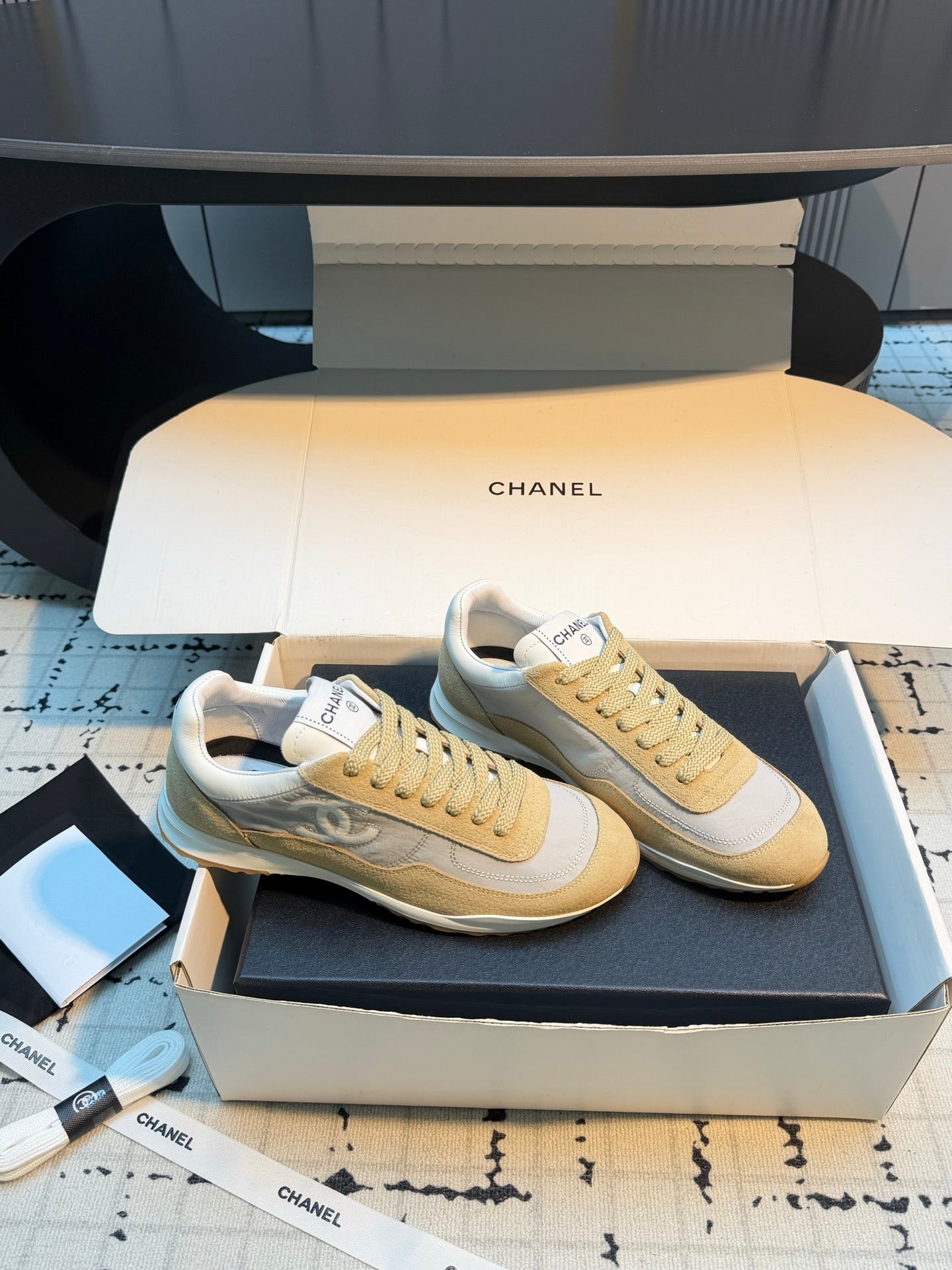CHANEL 26S CHUNKY SNEAKERS IN LIGHT GREY FABRIC AND YELLOW SUEDE