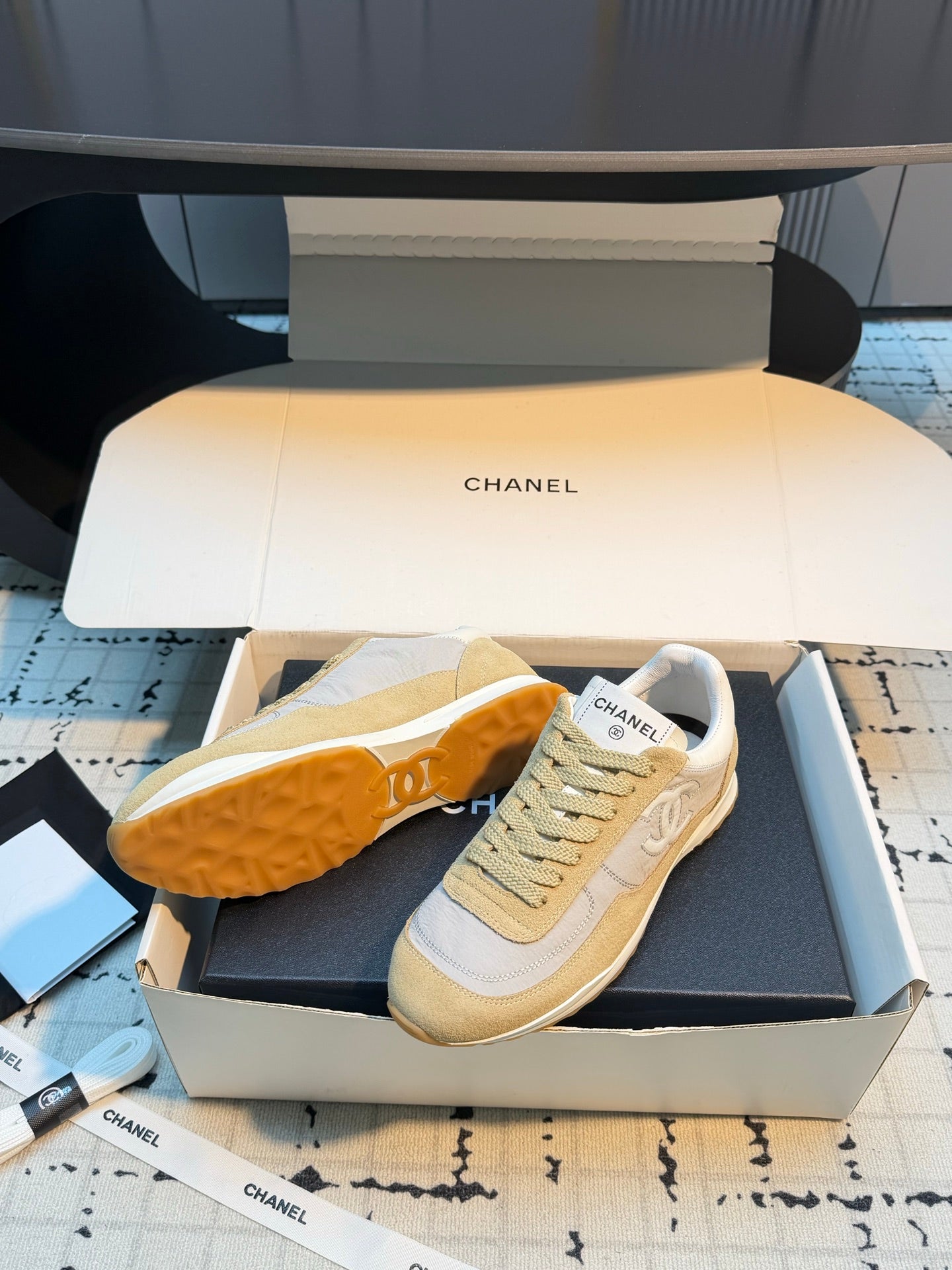 CHANEL 26S CHUNKY SNEAKERS IN LIGHT GREY FABRIC AND YELLOW SUEDE