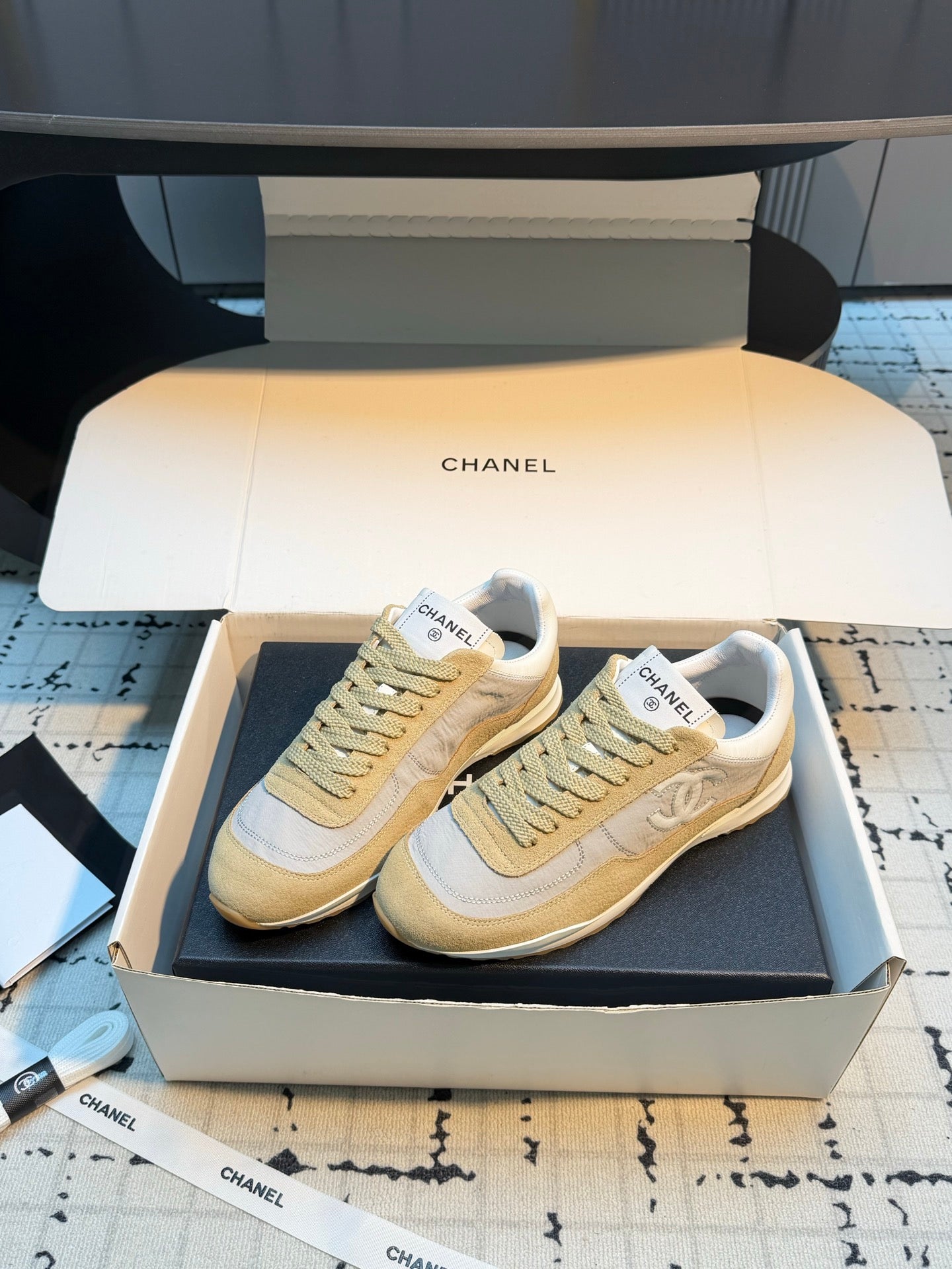 CHANEL 26S CHUNKY SNEAKERS IN LIGHT GREY FABRIC AND YELLOW SUEDE