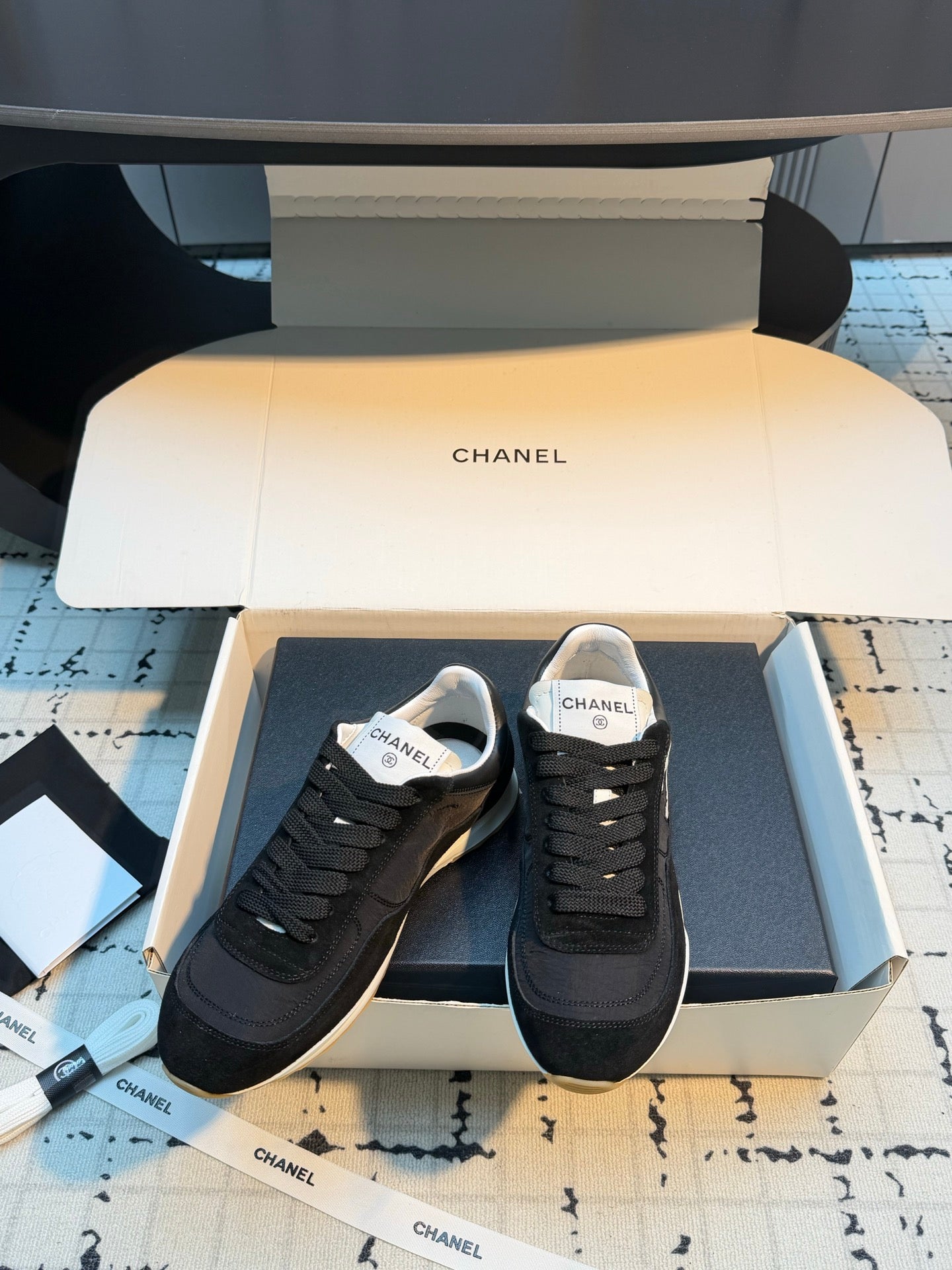 CHANEL 26S CHUNKY SNEAKERS IN BLACK FABRIC AND SUEDE MIX WHITE SOLE