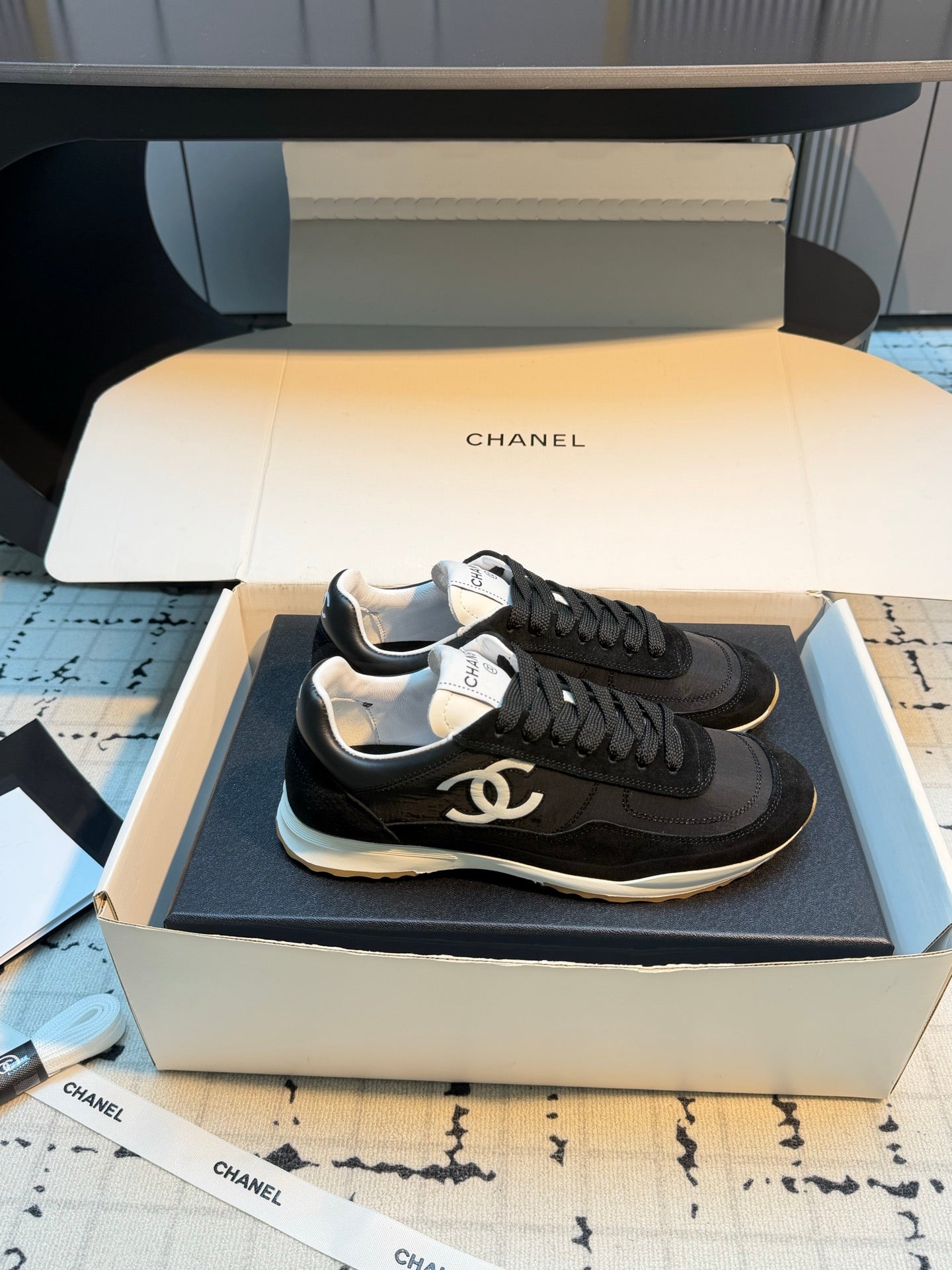 CHANEL 26S CHUNKY SNEAKERS IN BLACK FABRIC AND SUEDE MIX WHITE SOLE