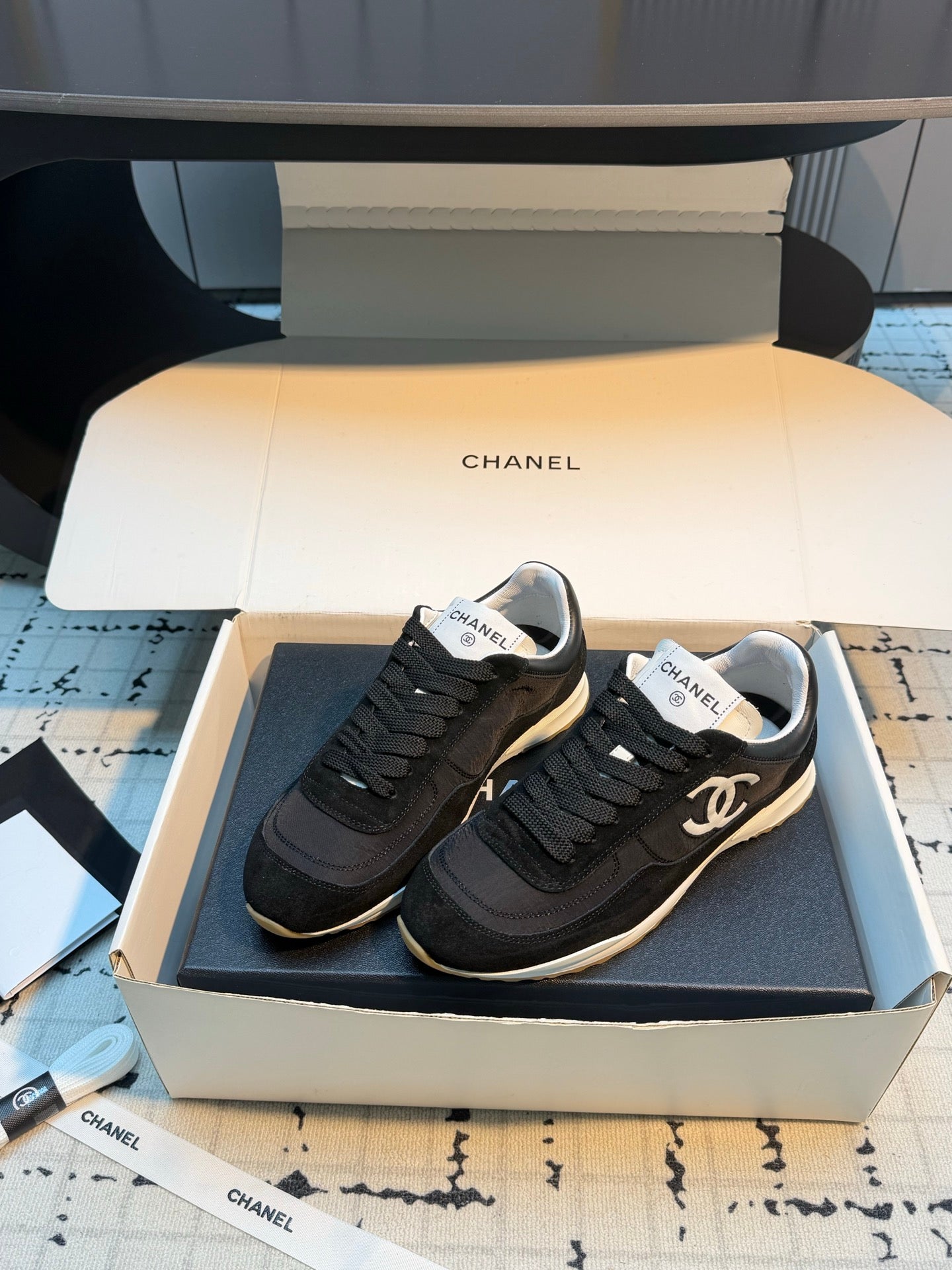 CHANEL 26S CHUNKY SNEAKERS IN BLACK FABRIC AND SUEDE MIX WHITE SOLE