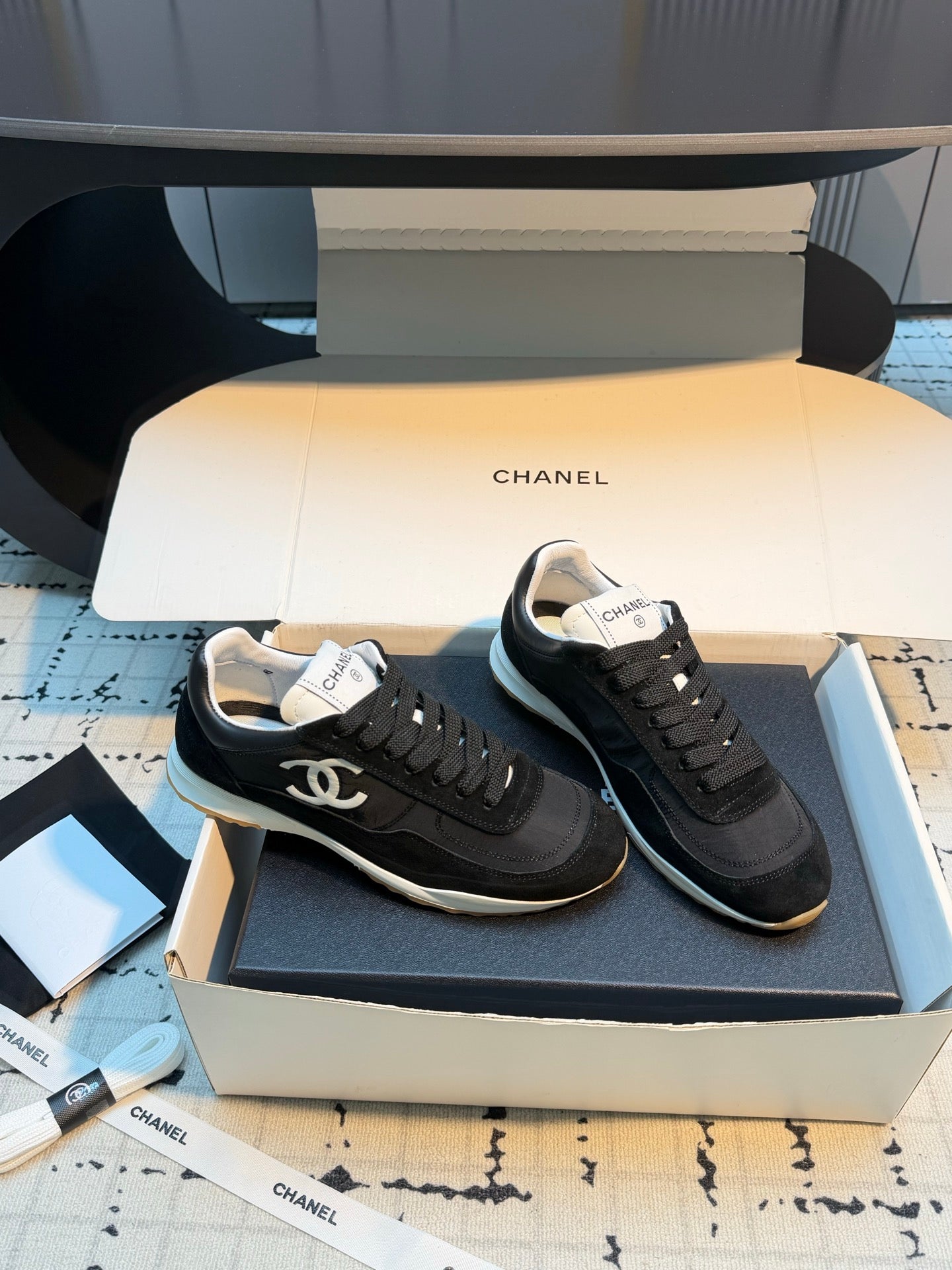 CHANEL 26S CHUNKY SNEAKERS IN BLACK FABRIC AND SUEDE MIX WHITE SOLE