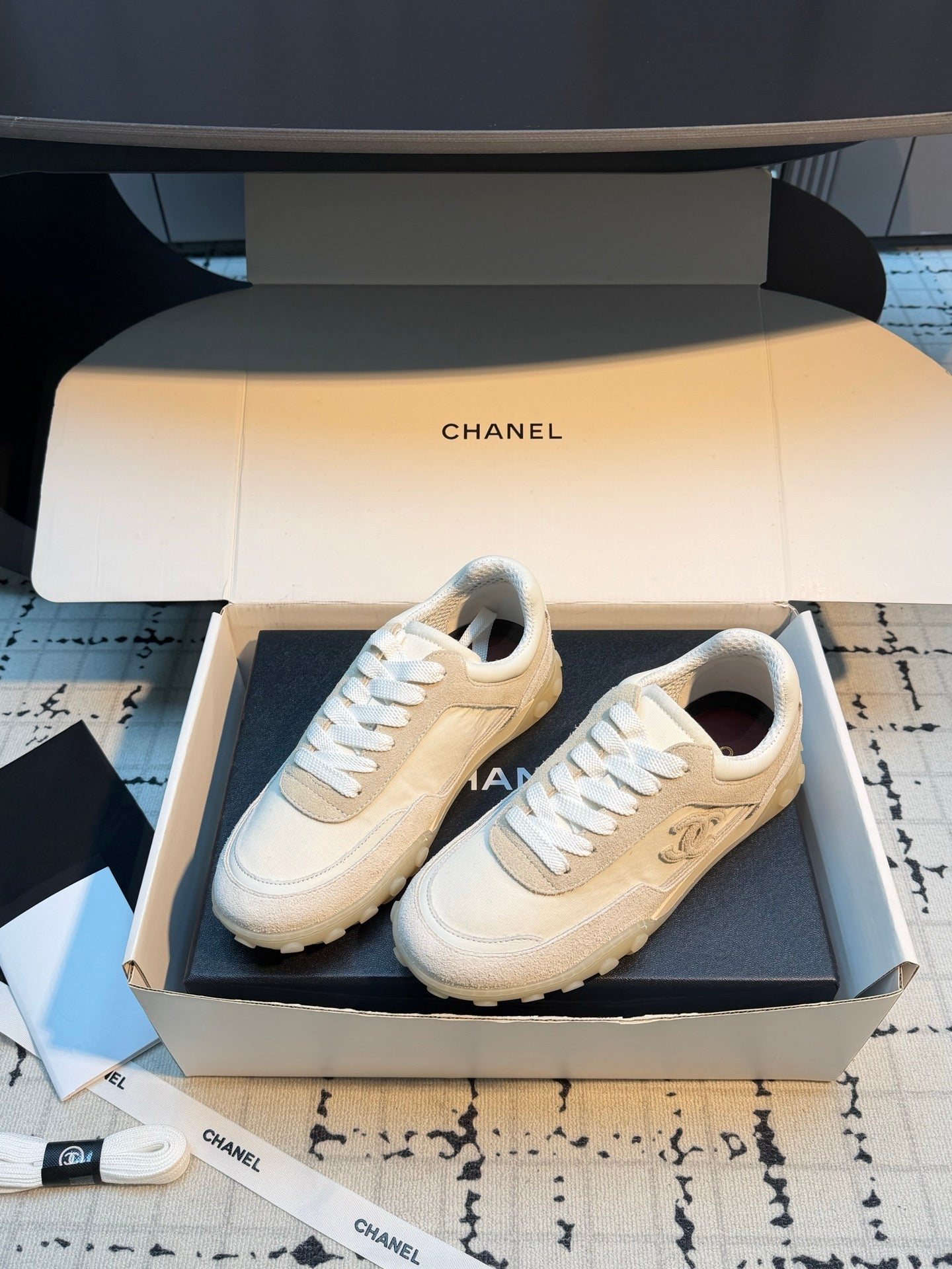 CHANEL 26S CHUNKY SNEAKERS IN WHITE FABRIC AND SUEDE
