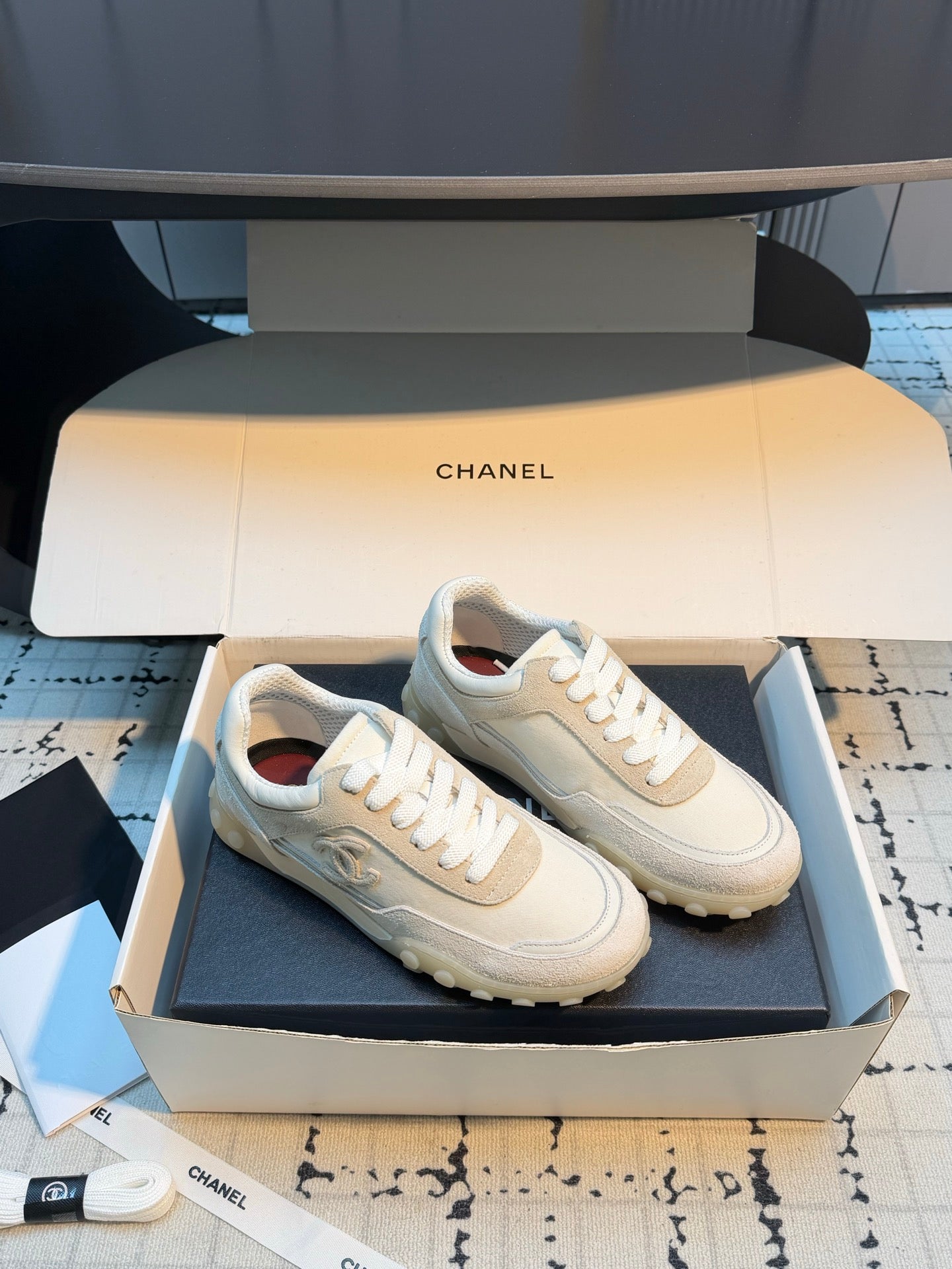 CHANEL 26S CHUNKY SNEAKERS IN WHITE FABRIC AND SUEDE