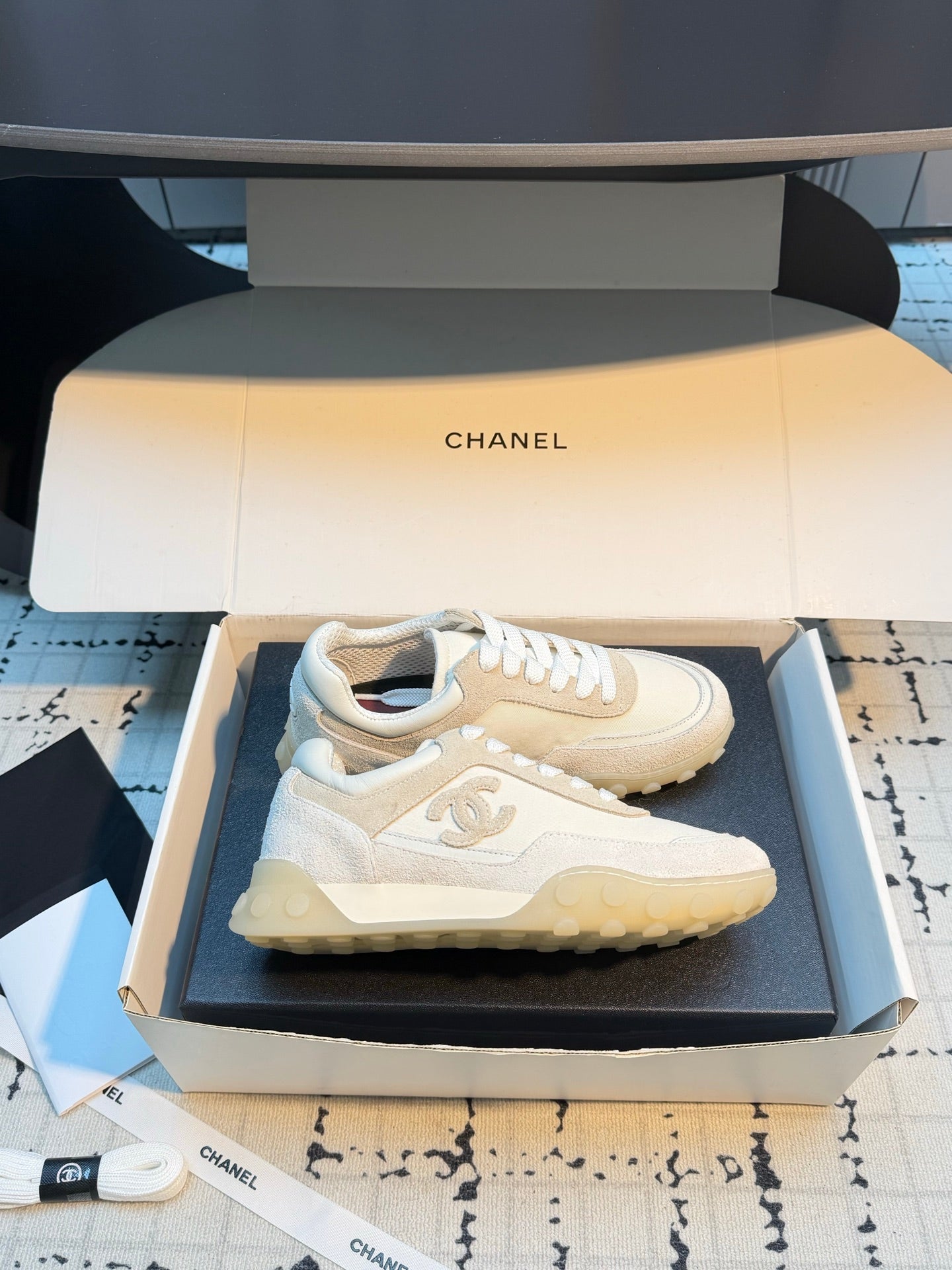 CHANEL 26S CHUNKY SNEAKERS IN WHITE FABRIC AND SUEDE