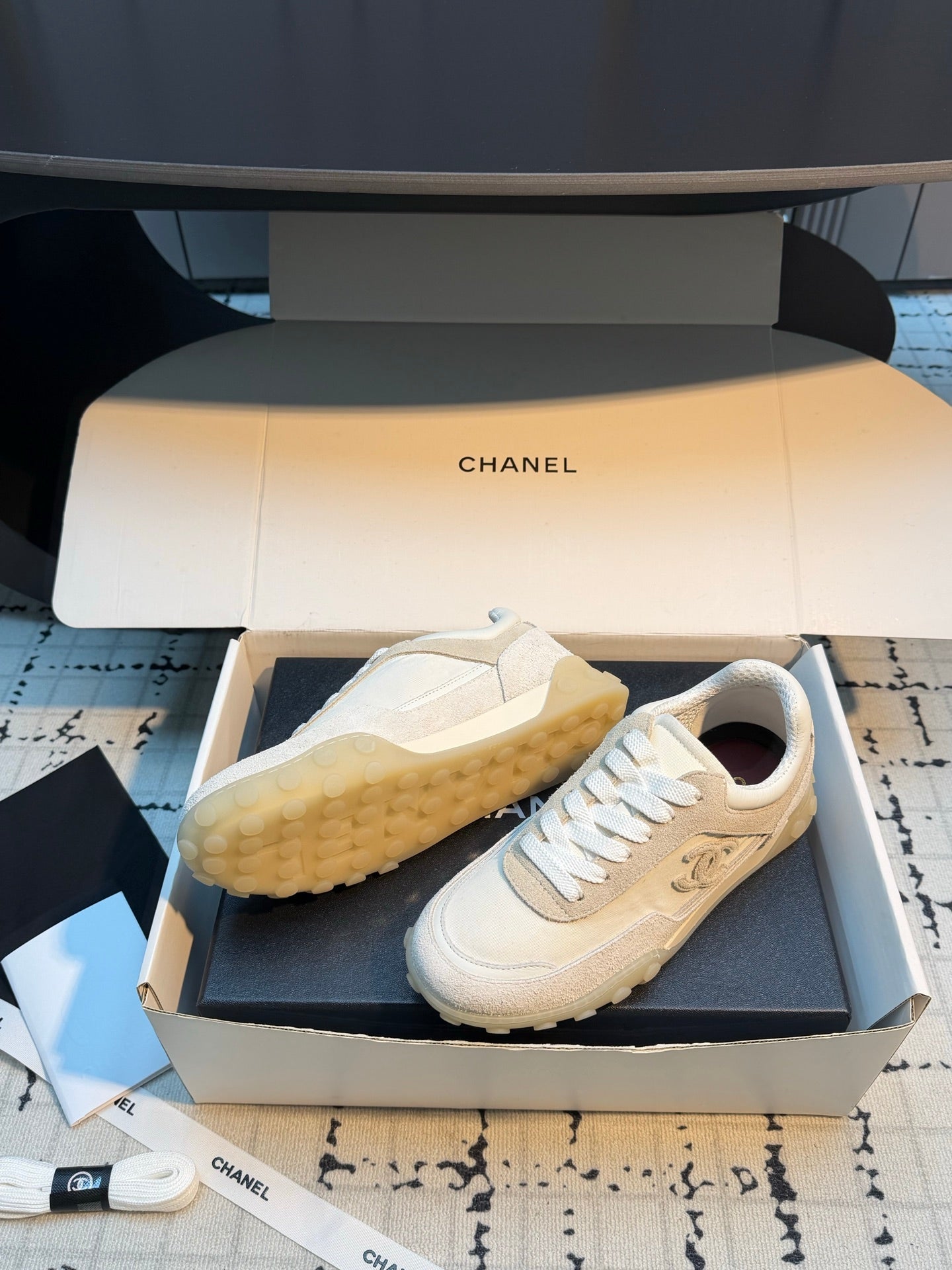 CHANEL 26S CHUNKY SNEAKERS IN WHITE FABRIC AND SUEDE