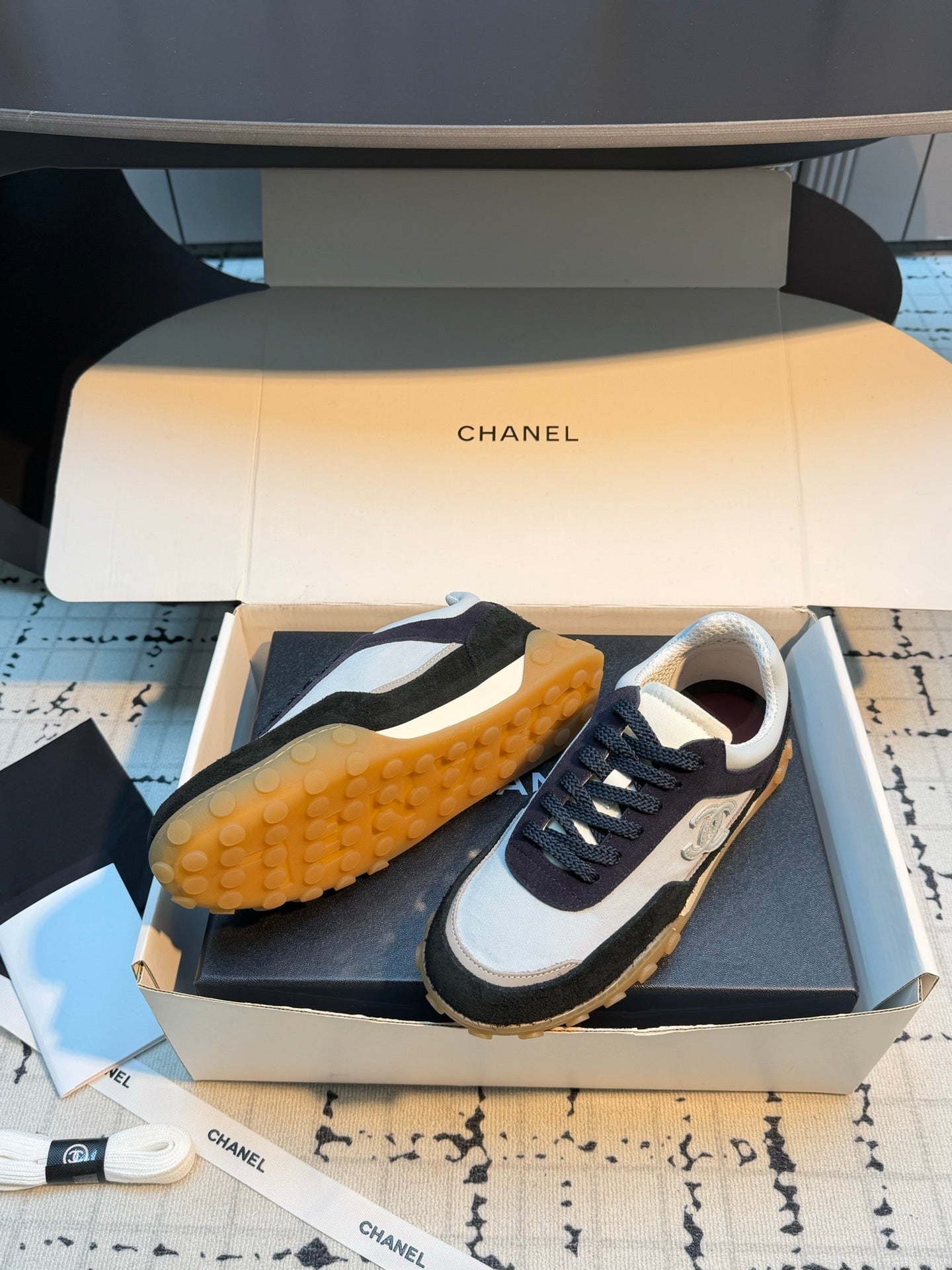 CHANEL 26S CHUNKY SNEAKERS IN GREY FABRIC AND BLACK SUEDE