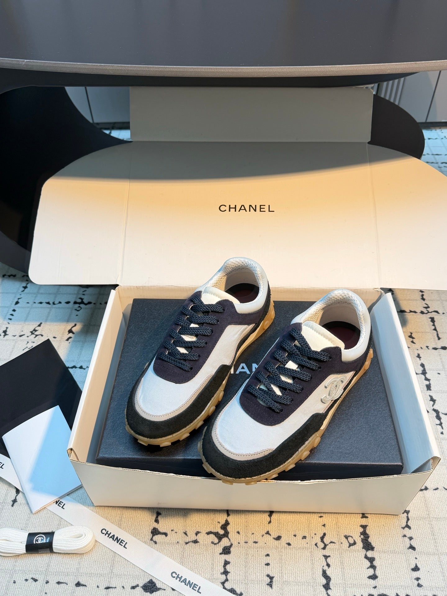 CHANEL 26S CHUNKY SNEAKERS IN GREY FABRIC AND BLACK SUEDE
