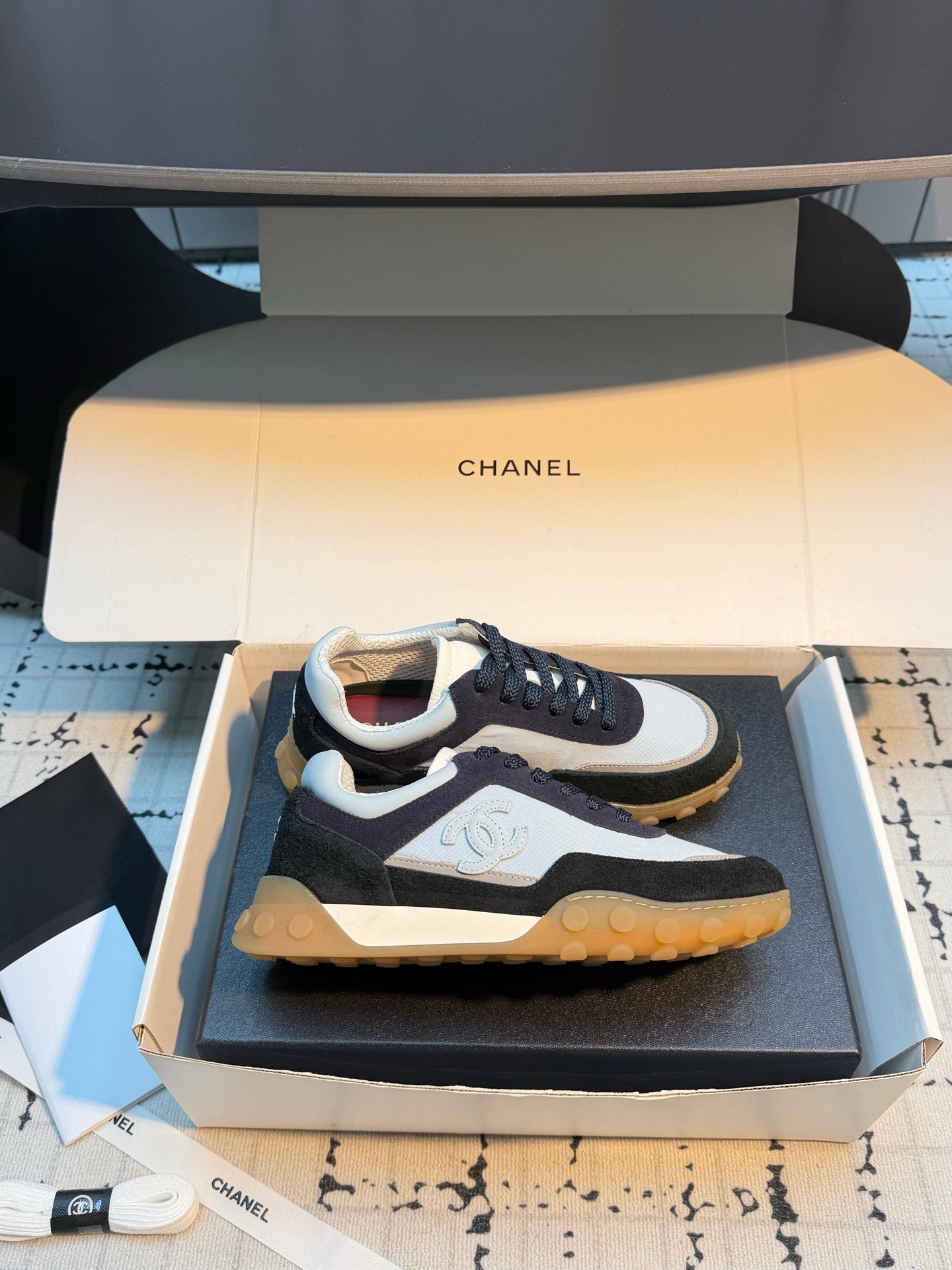 CHANEL 26S CHUNKY SNEAKERS IN GREY FABRIC AND BLACK SUEDE