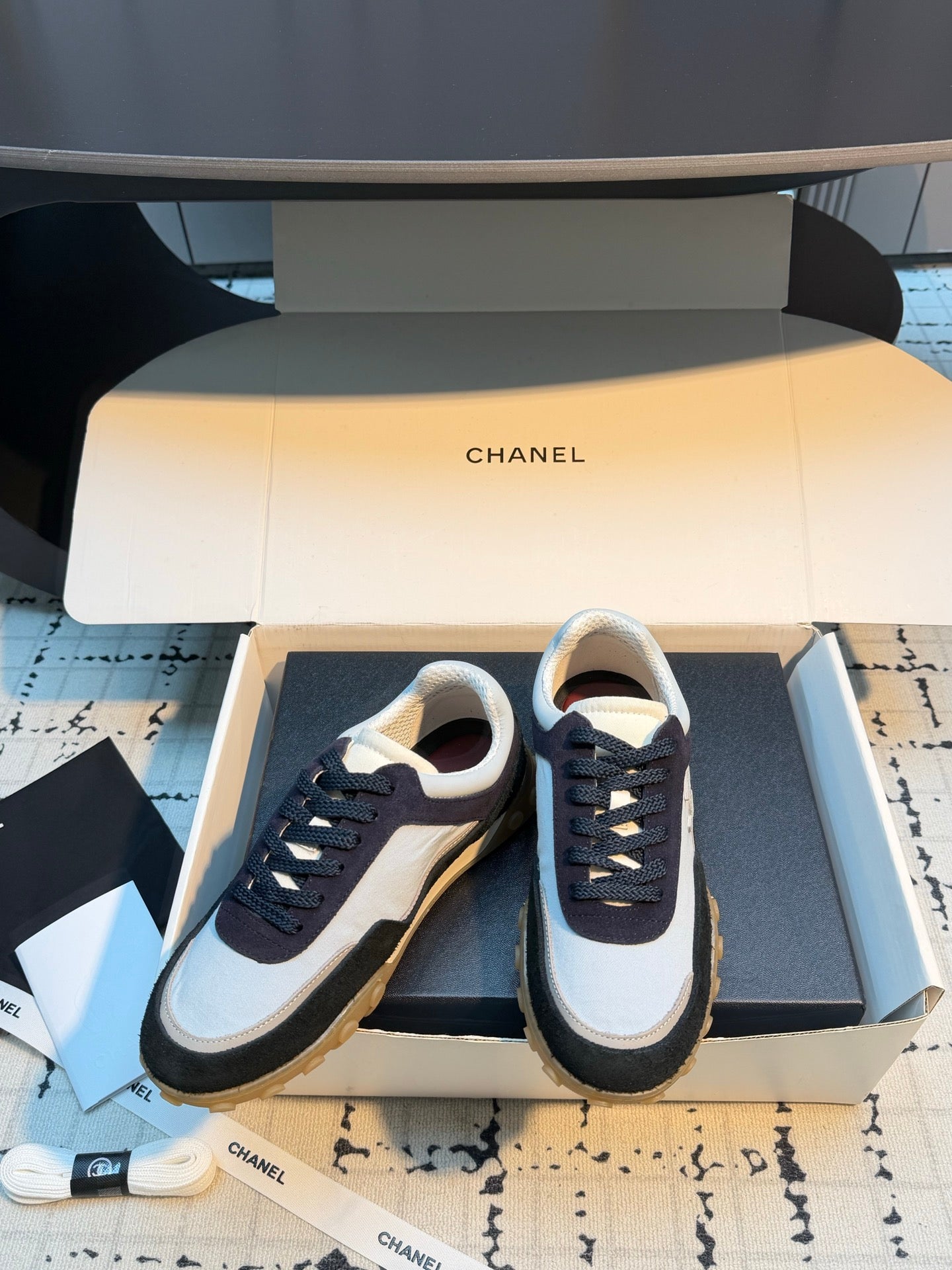 CHANEL 26S CHUNKY SNEAKERS IN GREY FABRIC AND BLACK SUEDE