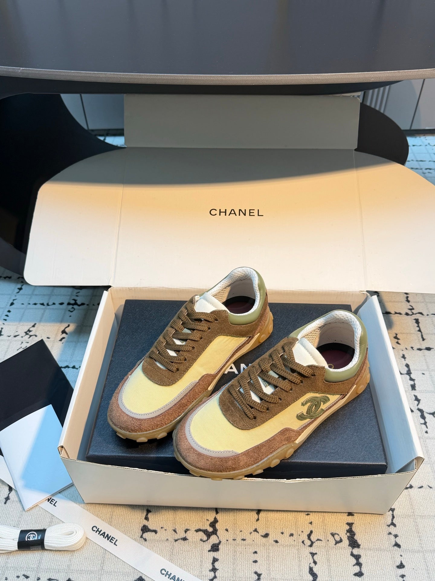 CHANEL 26S CHUNKY SNEAKERS IN BROWN AND LIGHT YELLOW SUEDE