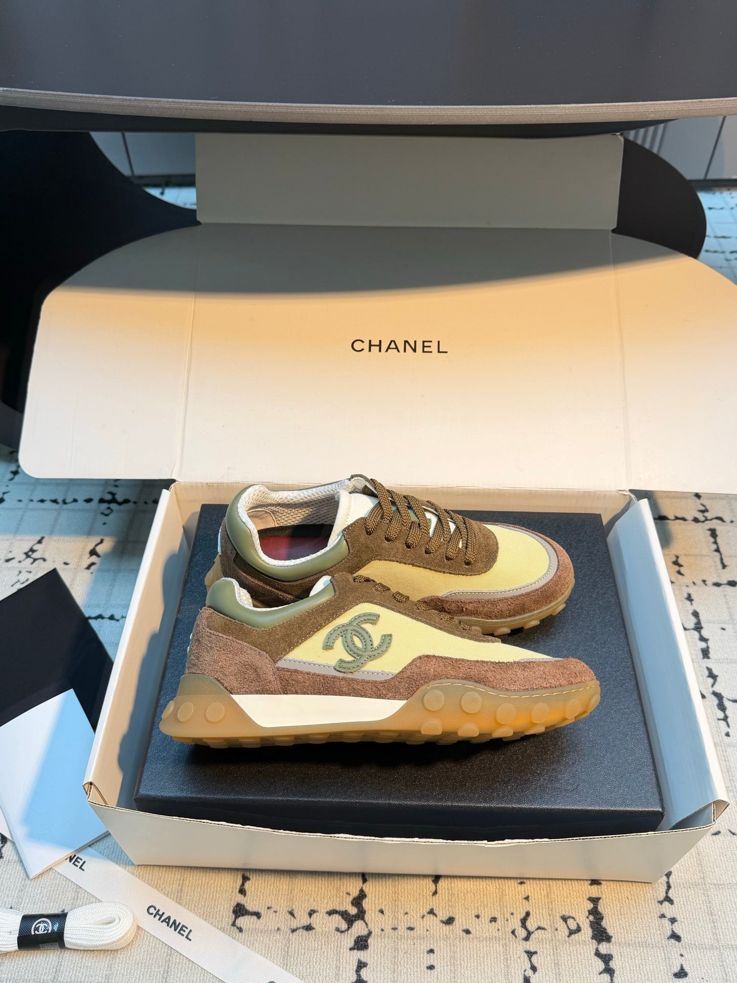 CHANEL 26S CHUNKY SNEAKERS IN BROWN AND LIGHT YELLOW SUEDE