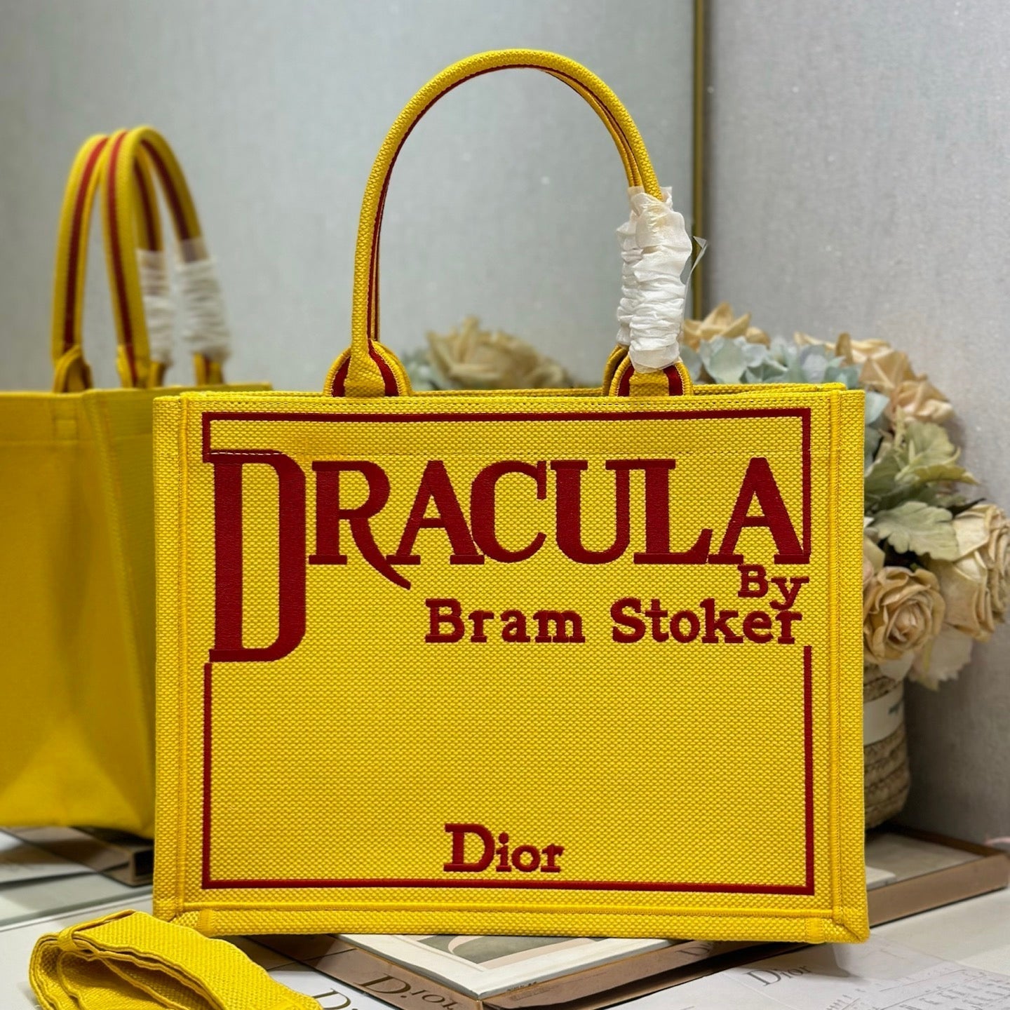 DIOR 26S BOOK TOTE BAG 36 IN YELLOW EMBROIDERED LETTERING FABRIC