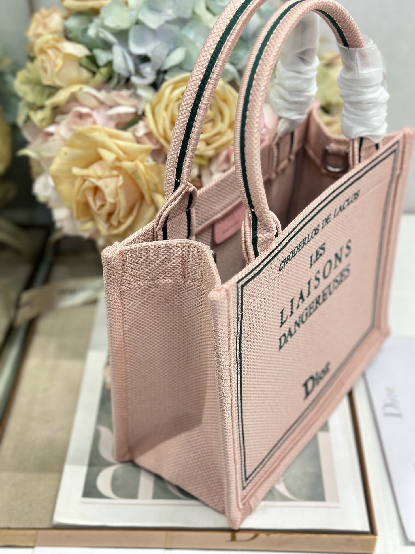 DIOR 26S BOOK TOTE BAG 26 IN PINK EMBROIDERED LETTERING FABRIC