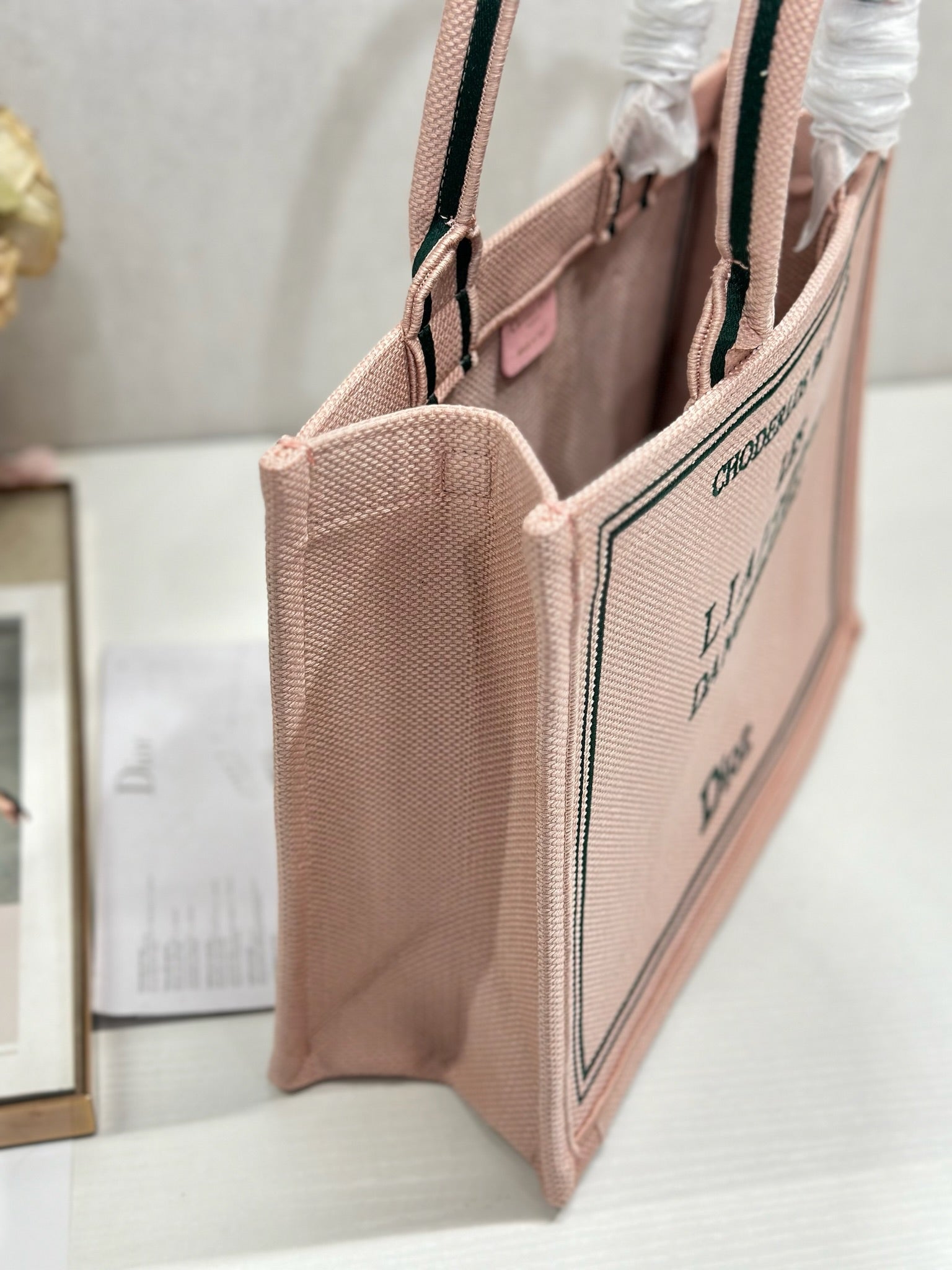 DIOR 26S BOOK TOTE BAG 36 IN PINK EMBROIDERED LETTERING FABRIC