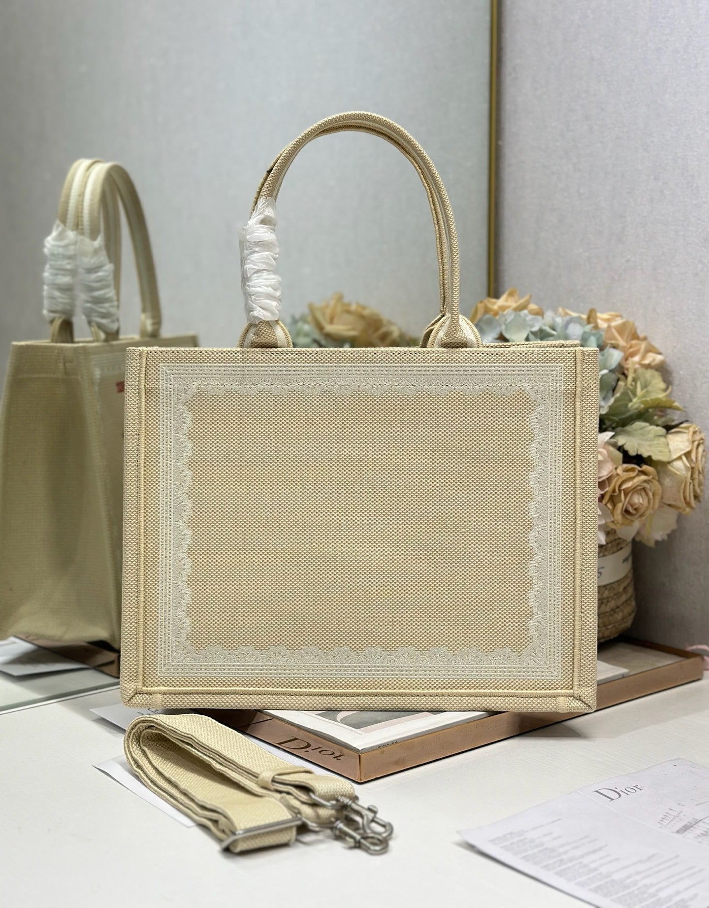 DIOR 26S BOOK TOTE BAG 36 IN BEIGE EMBROIDERED LETTERING FABRIC