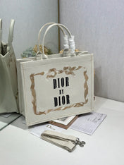 DIOR 26S TOTE BAG 36 IN CREAM BEIGE EMBROIDERED FABRIC
