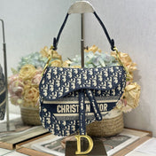 DIOR 26S SADDLE BAG 25 IN NAVY BLUE AND WHITE OBLIQUE JACQUARD