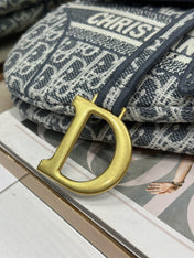 DIOR 26S SADDLE BAG 25 IN NAVY BLUE AND BLACK OBLIQUE JACQUARD