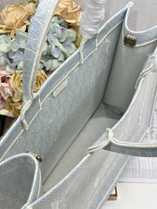 DIOR 26S BOOK TOTE BAG 42 IN LIGHT BLUE AND BEIGE BAYADERE FABRIC